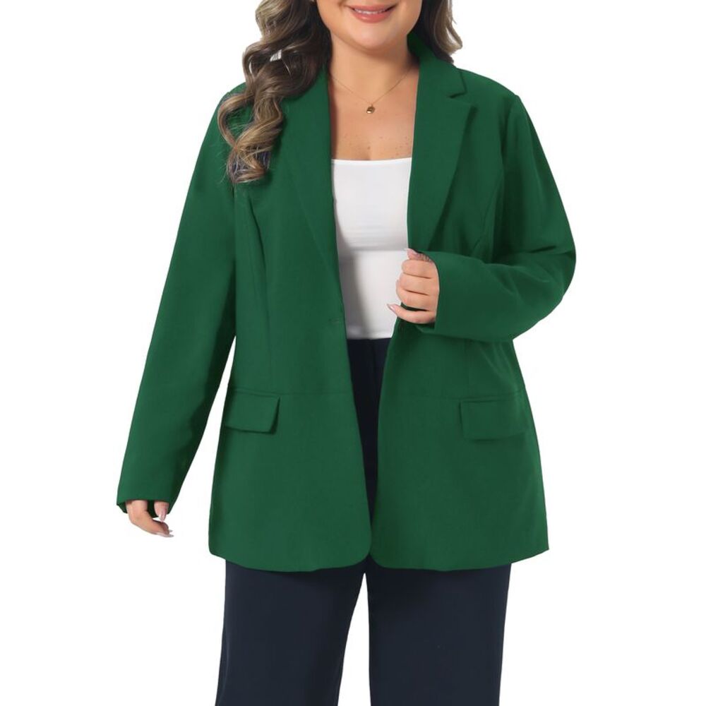 Women Plus Size Button Long Sleeve Stretch Office Blazer Green